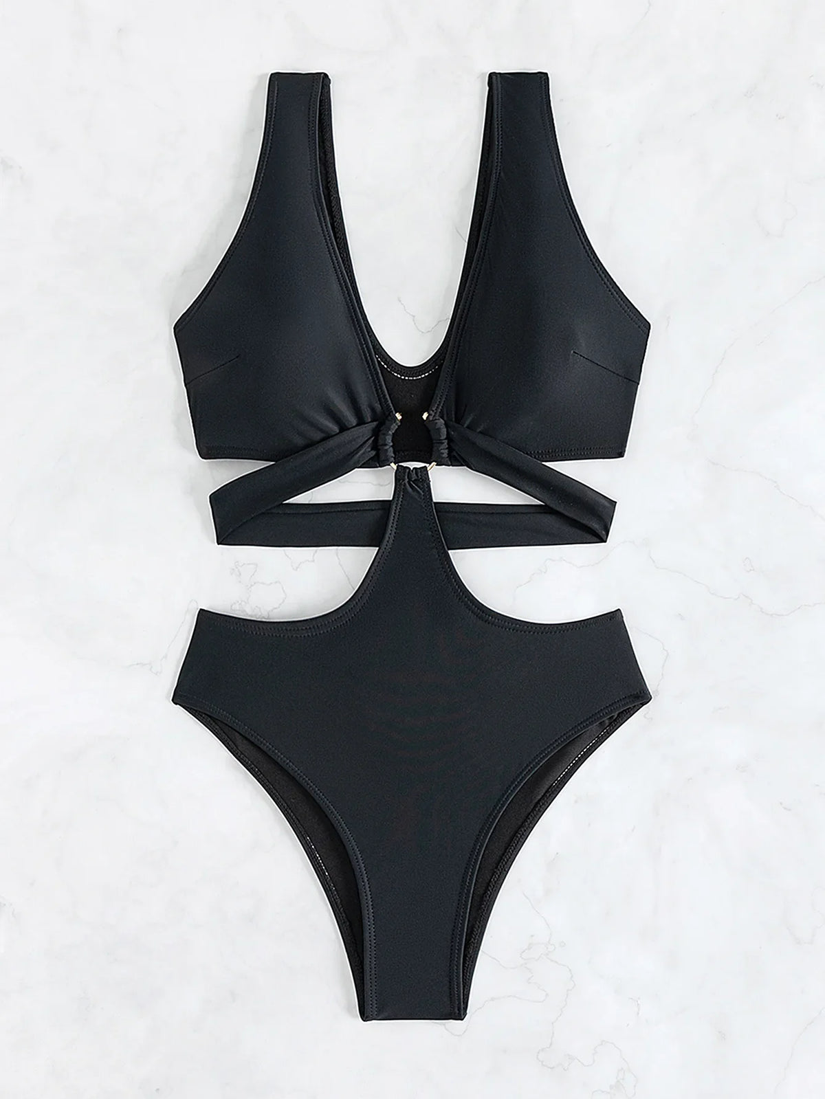 S - XL V Neck High Cut Out One Piece Swimsuit Women Swimwear Female Bather Monokini Cross Bandage Bathing Suit Swim Beachwear