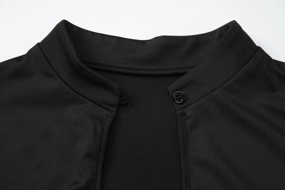 FDYOUI Fashion Stand Collar Button Hollow Out T-shirt for Women 2026 Sexy Short Sleeve Slim Cropped T Shirts Black Wine Red Tops