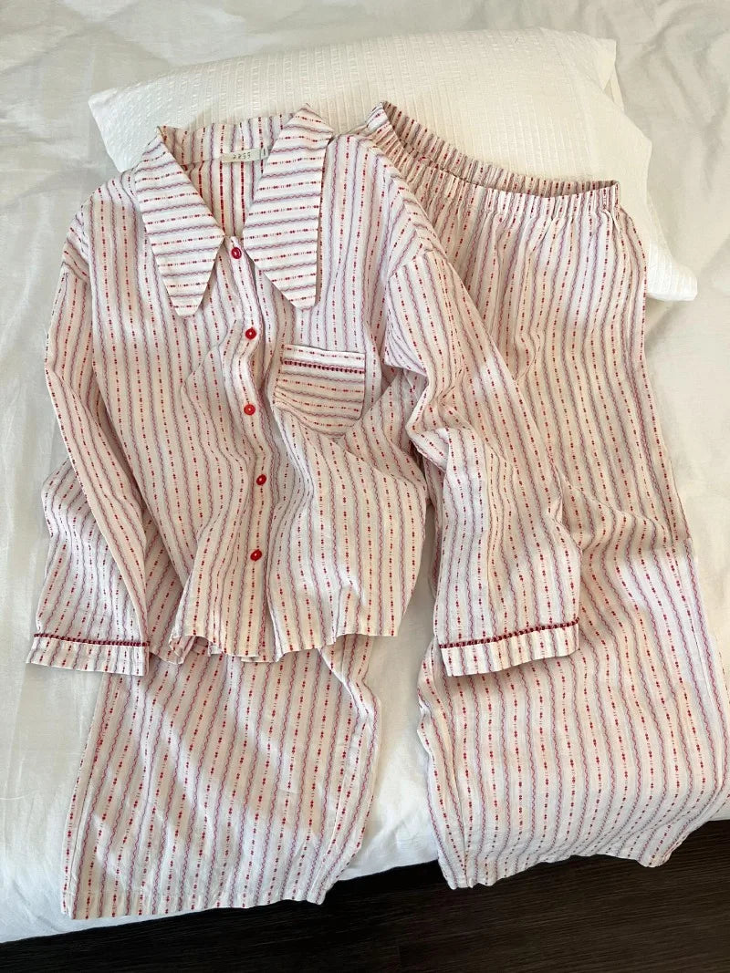Female 2Pcs Pajamas Set Spring New Cotton Sleepwear Long Sleeve Trouser Suit Homewear Sweet Pink Striped Doll Collar Pijamas