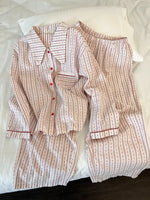 Female 2Pcs Pajamas Set Spring New Cotton Sleepwear Long Sleeve Trouser Suit Homewear Sweet Pink Striped Doll Collar Pijamas