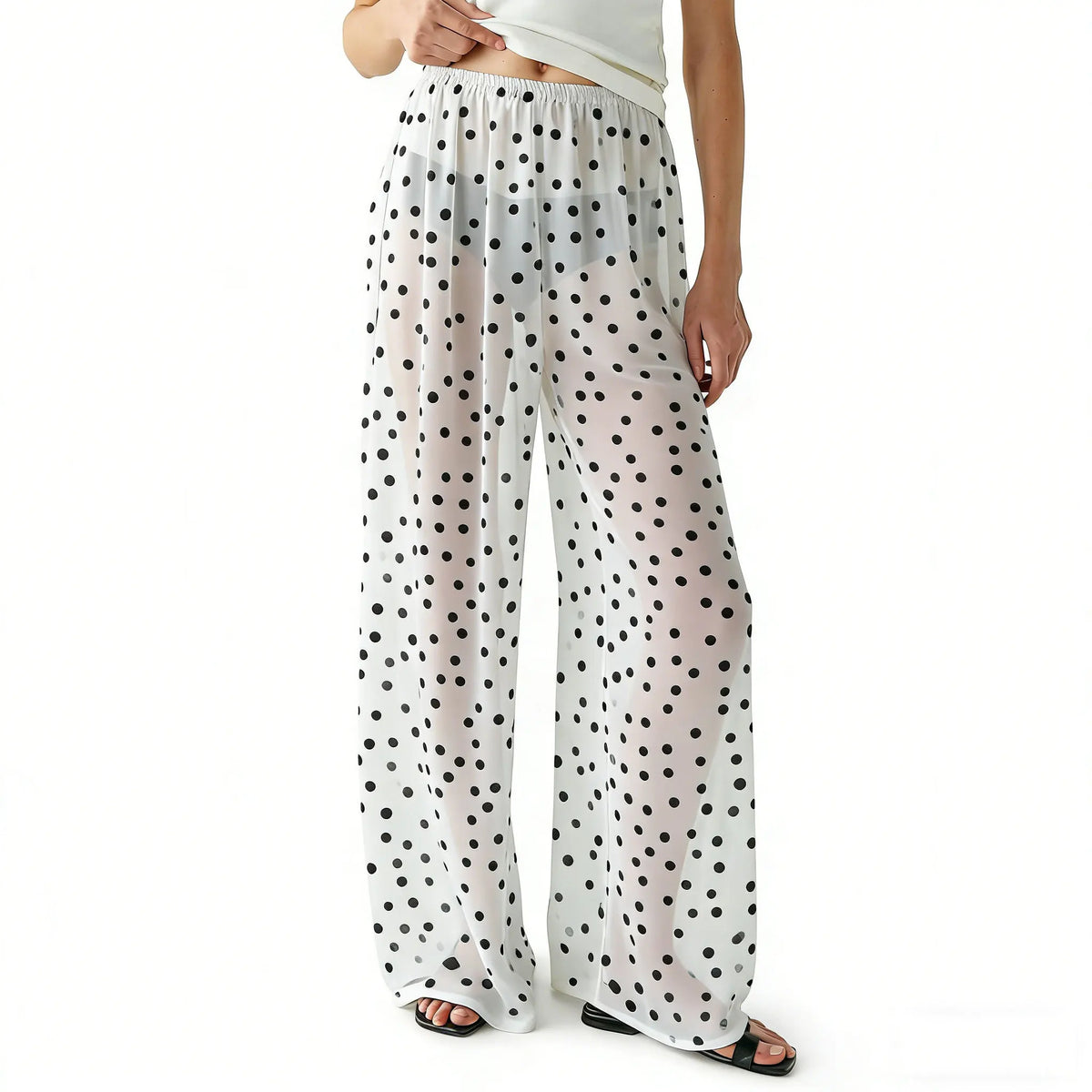 Women Sheer Mesh Pants Dots Print Elastic Waist Loose Fit Wide Leg Trousers Beach Bikini Cover up See Through Club Trousers