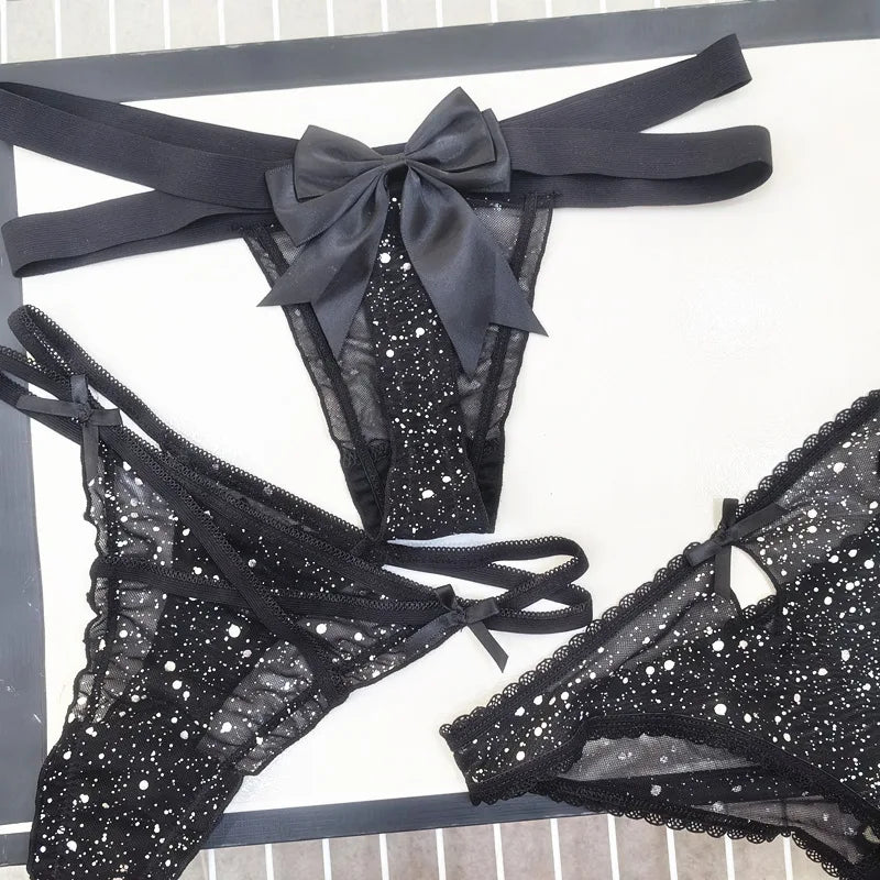 Sexy Women's Thong Erotic Cross Hollow T Pants Starry Sky Shiny Sequins Black Mesh Transparent Bow Perspective Briefs Lingerie