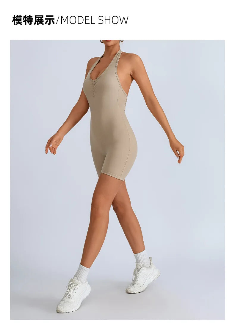 Summer Yoga Jumpsuit Back Hollow Out Bandage Pleate Pocket Shorts Sports One Piece Suits Butt Lifting Fitness Workout Bodysuit