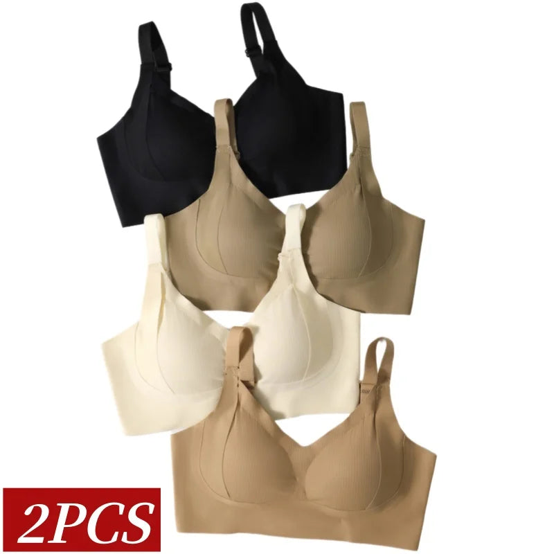 2Pcs/Set Seamless Bras For Women V-neck Non-wire Push Up Bra Comfort Shoulder Straps Padded Underwear M-4XL Intimates
