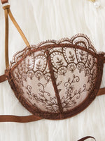 Coffee vintage lace lingerie set - Sexy net fabric embroidery 3/4 cup gathering bra with elasticized straps thong set