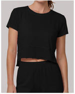 Quick Drying Pink Black Yoga T Shirts Women Short Sleeve O Neck Loose Fitness Tops Outdoor Lightweight Ruffles Short T-shirts