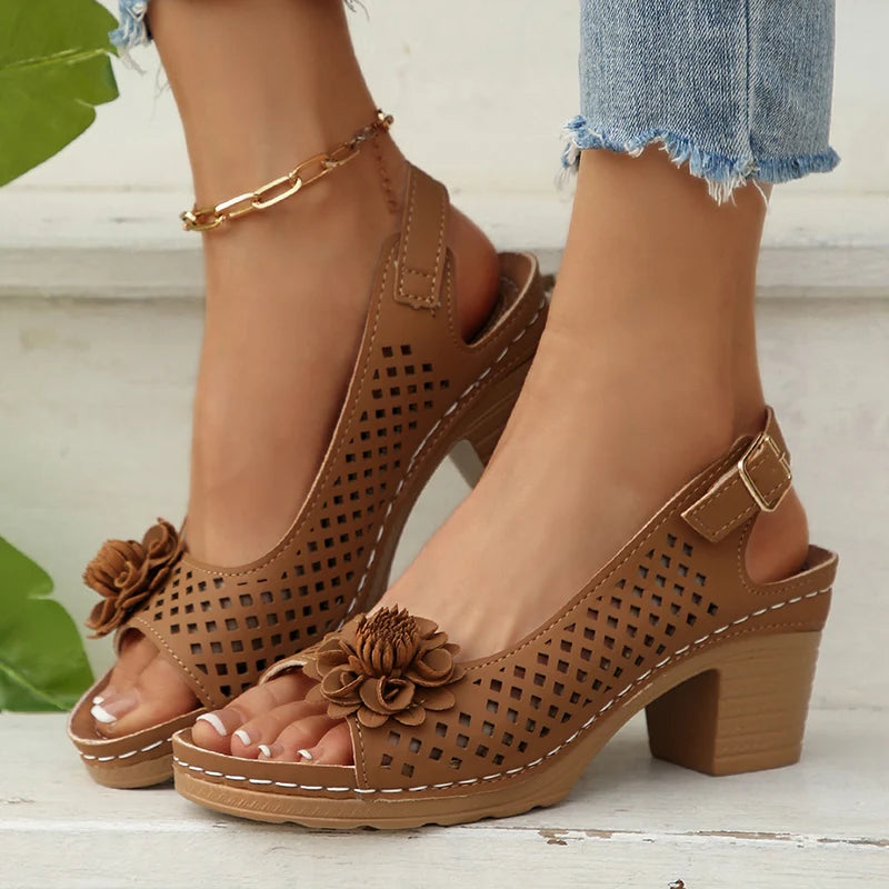 Fashion Flowers High Heels Sandals Women Back Strap Hollow Out Summer Sandles Woman 2025 Plus Size Thick Heeled Sandalias Mujer