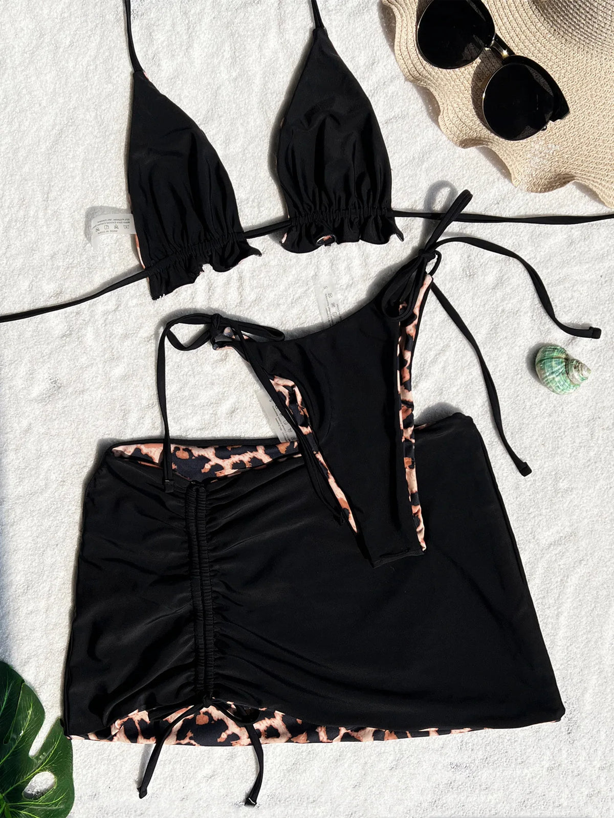 2026 Summer Leopard Print 3 Pieces Suit Swimwear Reversible Sexy Halter Lace-up Bikini Set Drawstring Skirt Cover Up Beachwear