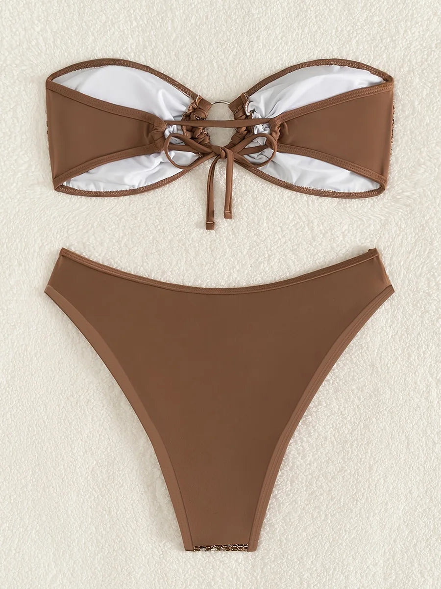 Shiny Sequins Mesh Bandeau Bikini Female Swimsuit Women Swimwear Two-pieces Bikini Set Brazilian Bathing Suit Swim Beach Wear