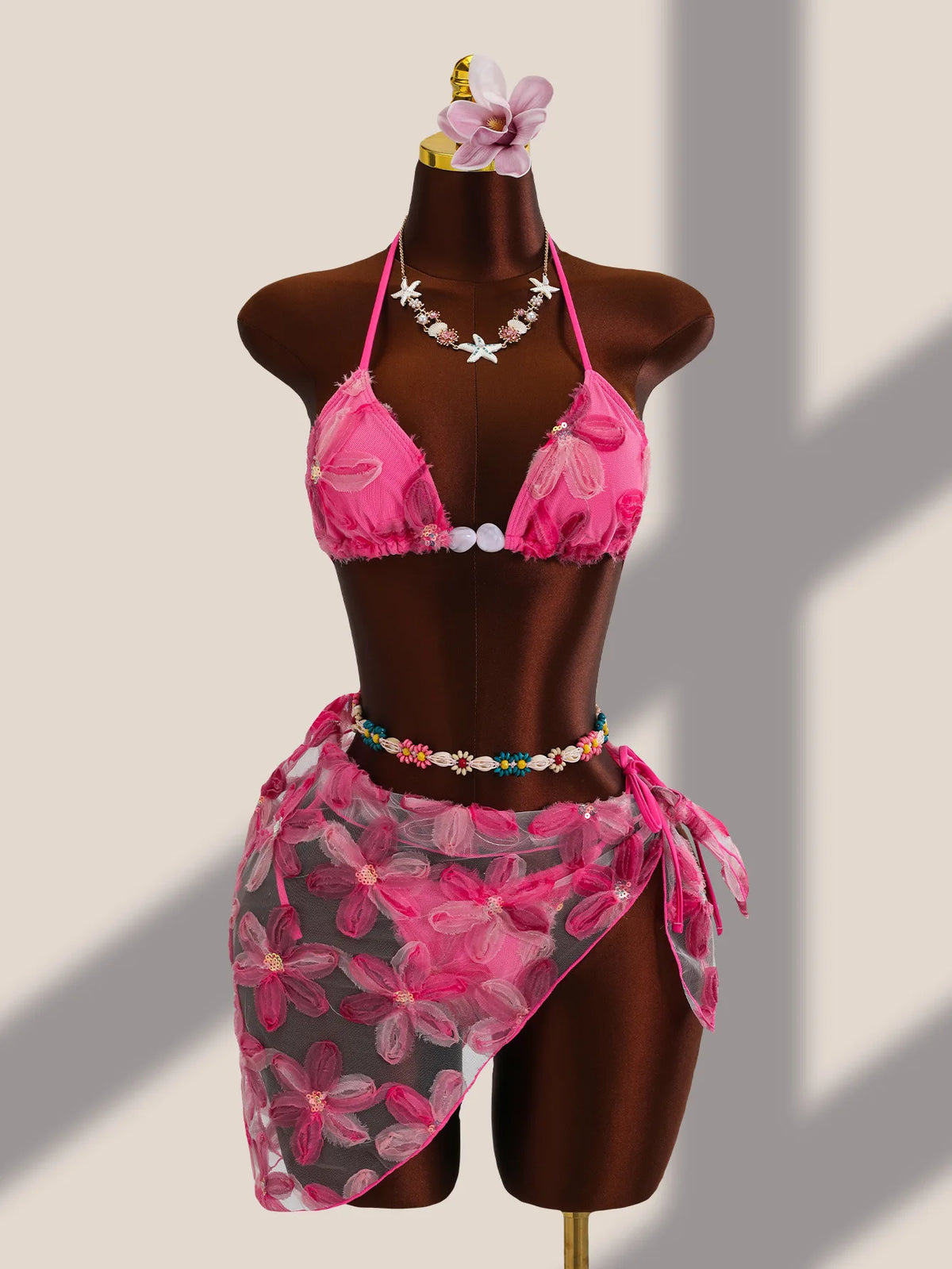 Sexy Pink Floral Embroidery Bikini Set 2026 Women Push Up Bra Triangle Swimsuit Holiday Bathing Suit Cover Up 3 Piece Swimwear