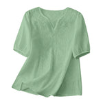 Women Summer Loose Embroidered V Neck Solid Color Short Sleeved Comfortable Button Down Shirt Top женская одежда