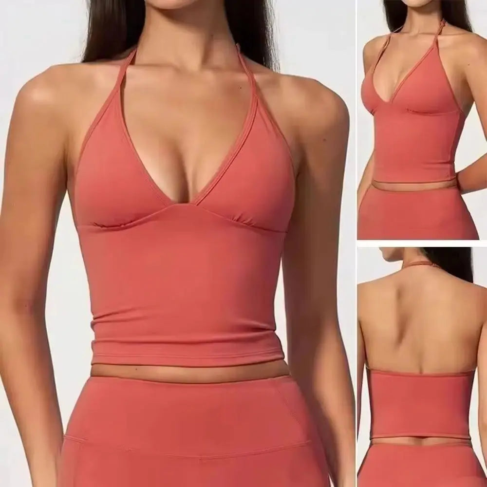 Women Halter V Neck Crop Yoga Tank Top Adjustable Strap Stretch Athletic Cami Fitness Bra Running Workout Gym Sport Active Vest