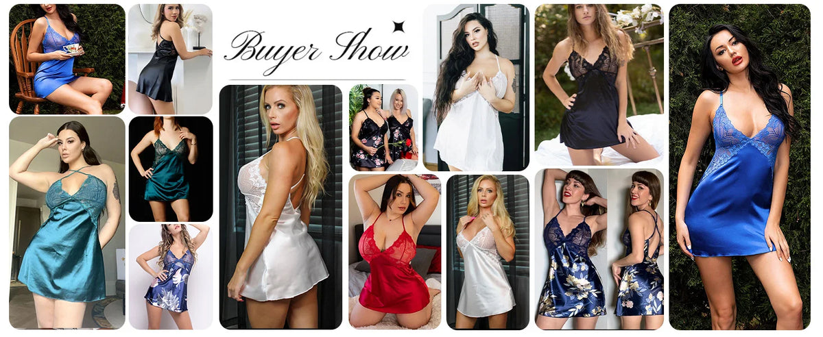 Women Sexy Satin Lace Nightdress Babydoll Lingerie V-Neck Sleeveless Sleepwear Pajama Dress