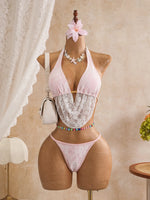 Sexy Black Mesh Shorts 3 Piece Bikinis Sets2026 Women Pearls Push Up Tassel Bra Swimsuit Beach Holiday Bathing Suit Swimwear