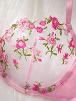 Sweet pink floral embroidered sheer lingerie set - French romantic mesh bra and panties set for date or casual wear ZA824026