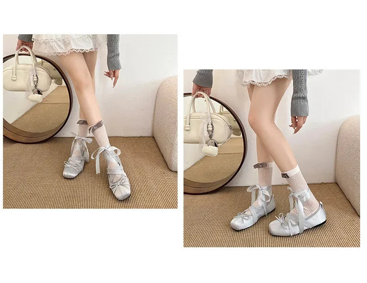 2026 Women Satin Ballet Shoes Breathable Lightweight Ribbon Lace Up Non Slip Square Toe for Office Summer Daily All Season Wear