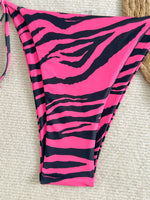 Women's Bikini Set, Two-Piece Sexy Swimsuit, Rose Red and Black Zebra Print, Side Tie Briefs, Lace-Up Triangle Bag