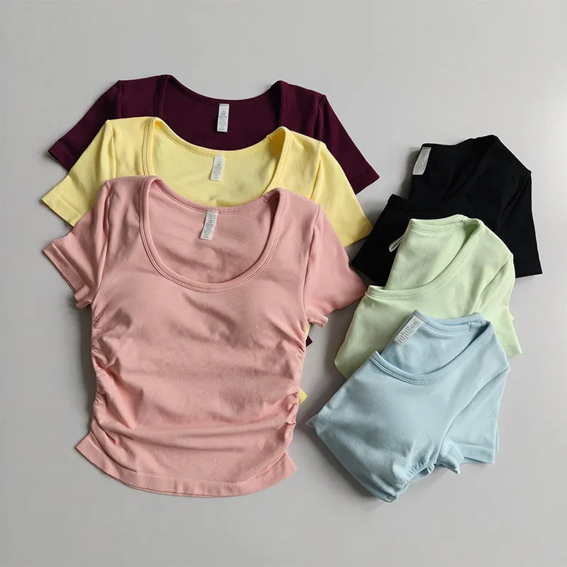 Big round Neck Yoga T-Shirt Short-Sleeved Slimming Sports Top with Fixed Chest Cushion for Running Pilates Summer Stretch