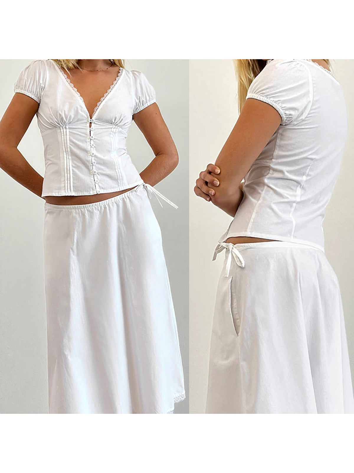 Women's Summer Solid Color Casual Shirt Short Sleeve Deep V Neck Lace Trim Buton Up Party Sweet Crop Tops
