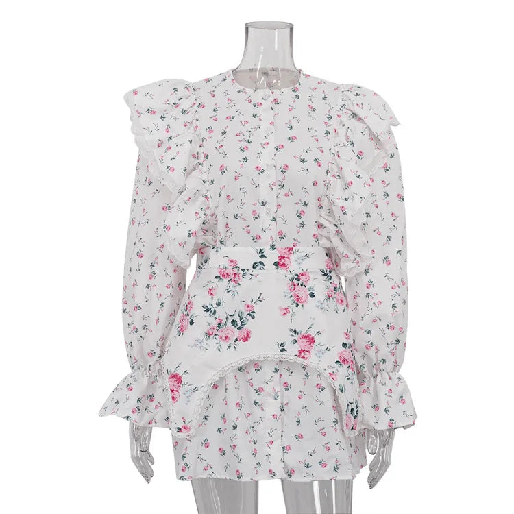 FDYOUI Women's O-neck Single Breasted Ruffles Floral Dress with Corset Ladies Chic Long Sleeve Tunics Shirts Dresses High Street