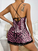 Summer Sexy Leopard Printed Lace Trim Nightdress Women's Sleepwear V Neck Backless Side Split Slip Sleep Dress Pajamas