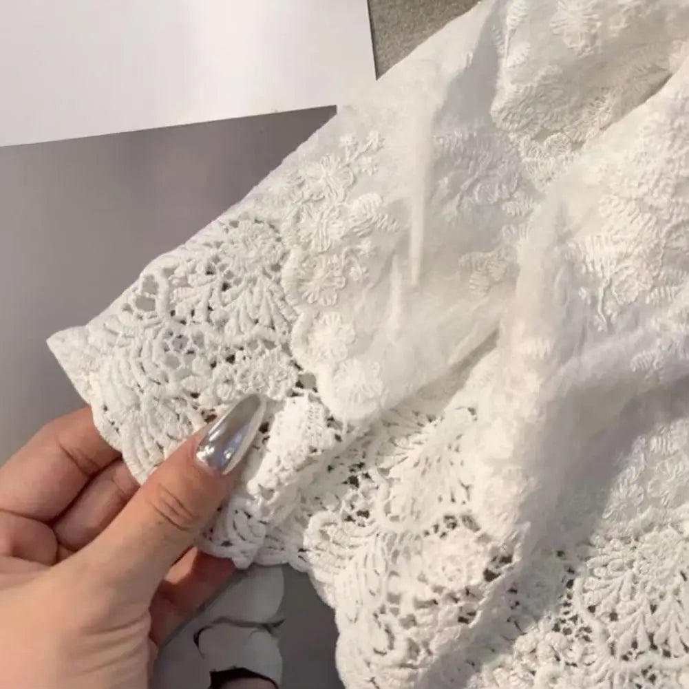 Women Shirt Extender Elastic High Waist Hollow Embroidery Lace Flower Pattern Mini Skirt Solid Color Butt Curtain Extension