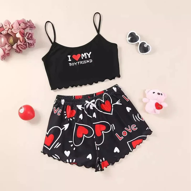 Sweet Heart Print Lounge Set Spaghetti Strap Cami Top And Shorts With Frill Details Perfect For Women's Summer Casual Attire Pjs