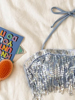 Shiny Glitter Bikini Set 2025 Women Sexy Bandeau Push Up Sequin Tassel Swimsuit Ladies Beach Bathing Suit High Waist Swimwear