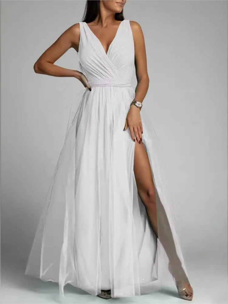 Elegant Solid Color Fine Sparkle Party Dresses Women Temperament V-neck Leace-up Mesh Slit Long Dress Evening Vestidos Female
