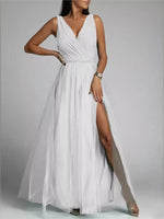 Elegant Solid Color Fine Sparkle Party Dresses Women Temperament V-neck Leace-up Mesh Slit Long Dress Evening Vestidos Female