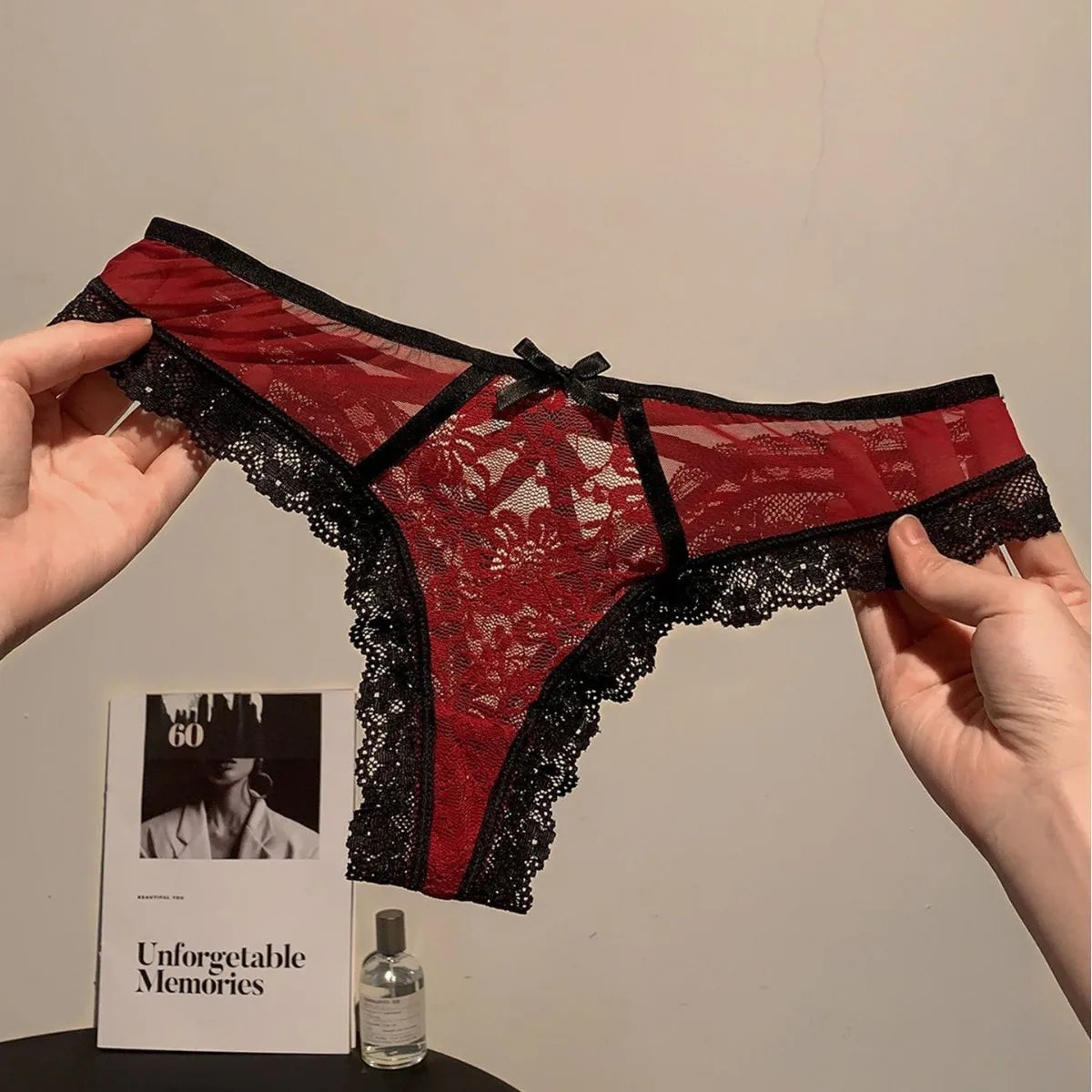 Women’s Flower Embroidery Sexy Thong Spicy Girl Lace Transparent Underpants Thin Summer Hollow Out Panties Bow Briefs
