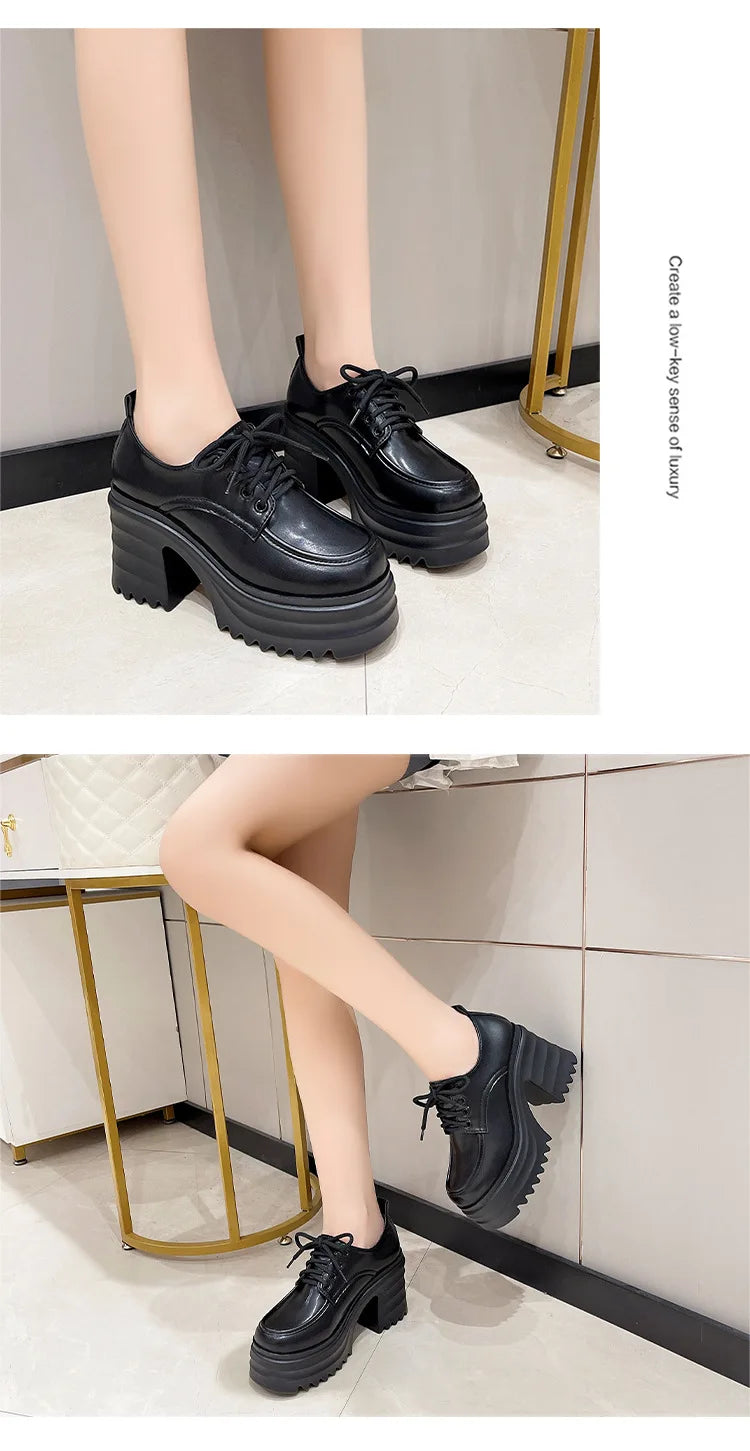 Spring Women Pumps Black Loafers Chunky 10CM High Heels High Platform British Autumn Ladies Thick Bottoms Shoes 2026 New