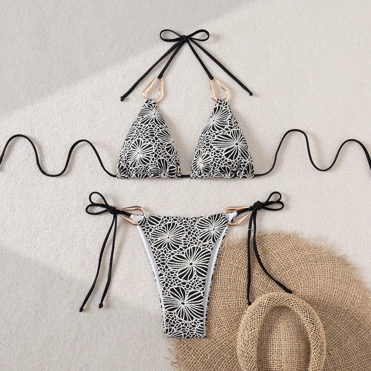 Triangle Bikini String Women Two Pieces Swimsuit Female Swimwear Halter Bikinis Set Blue Black Beachwear Padded Bathing Suit