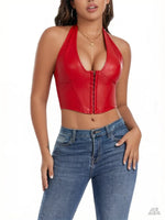 Pure Color Fishbone Shapewear Top Women's PU Leather Neck Buttoned Vest Market Style Underwear And Clothing