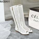 NASBAVI Fashion Women Flats Knee High Summer Boots Peep Toe Square Heels Fretwork Party Shoes Retro Rome Sexy Ladies Footwear