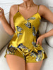 Women's 2Pcs Satin Pajama Set Zebra Print V Neck Spaghetti Strap Top and Shorts Elegant Loungewear Clothes for Women