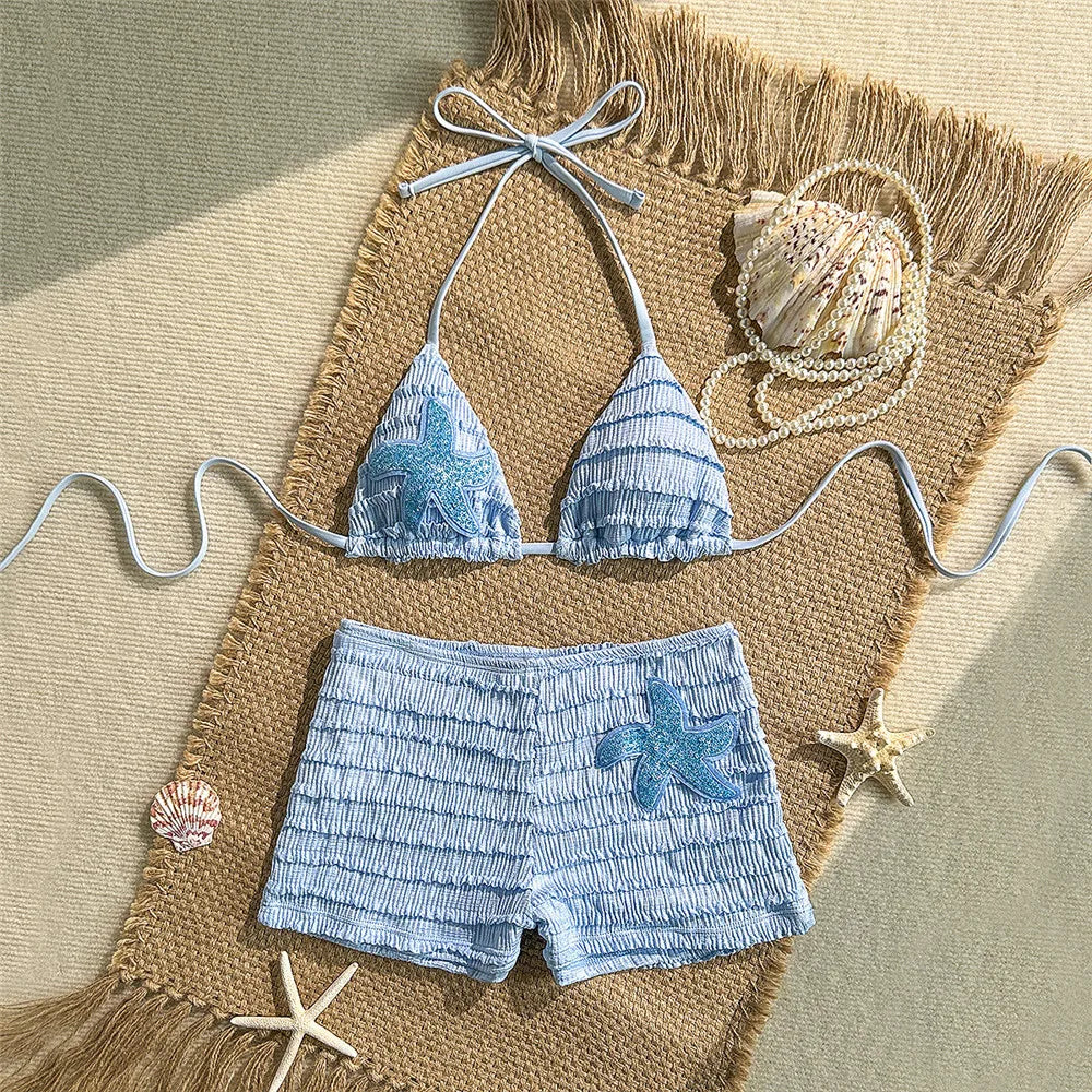 Sequin Starfish light blue Texture Swimwear Sexy Halter String Triangle Bikinis Sets Shorts Bottoms Woman Swimsuit 2026 Bikini