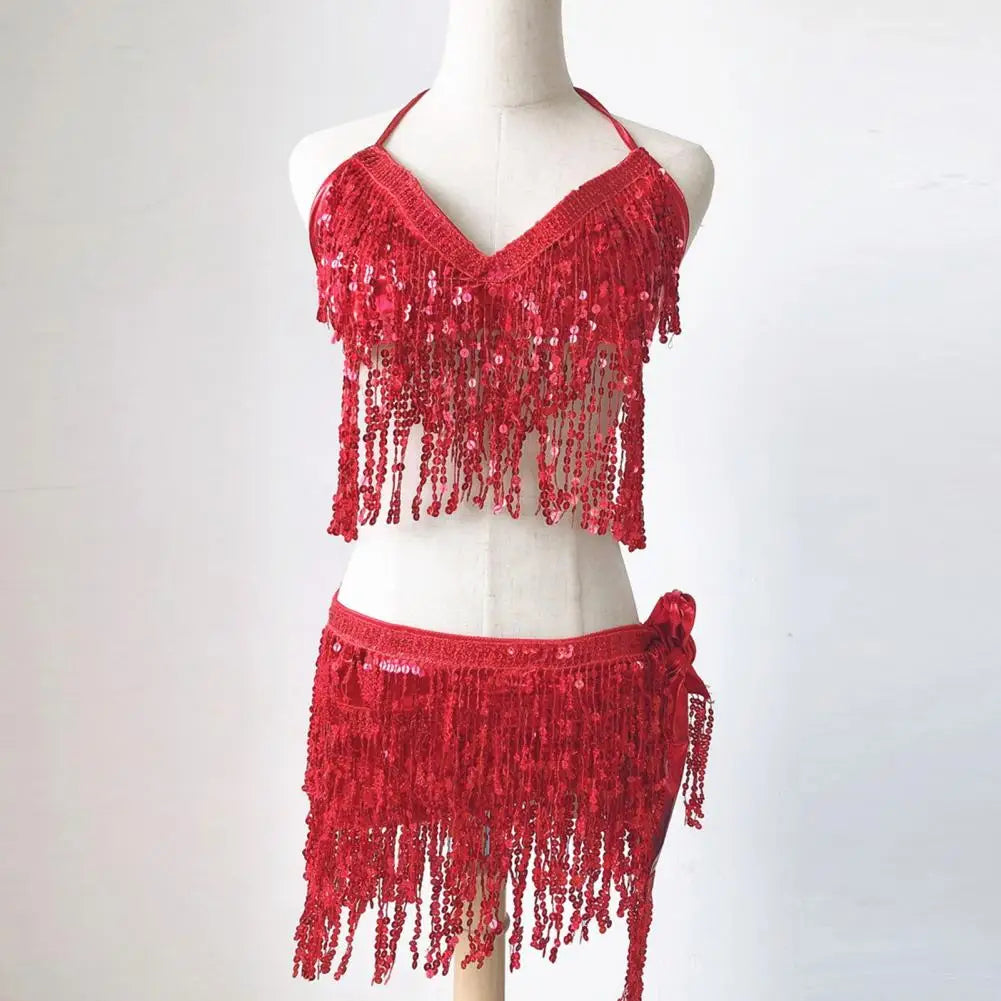 Belly Dancer Outfit Sequin Tassel Bra Top with Fringe Hip Scarf Set Sparkling Rave Party Costume for Women Girls