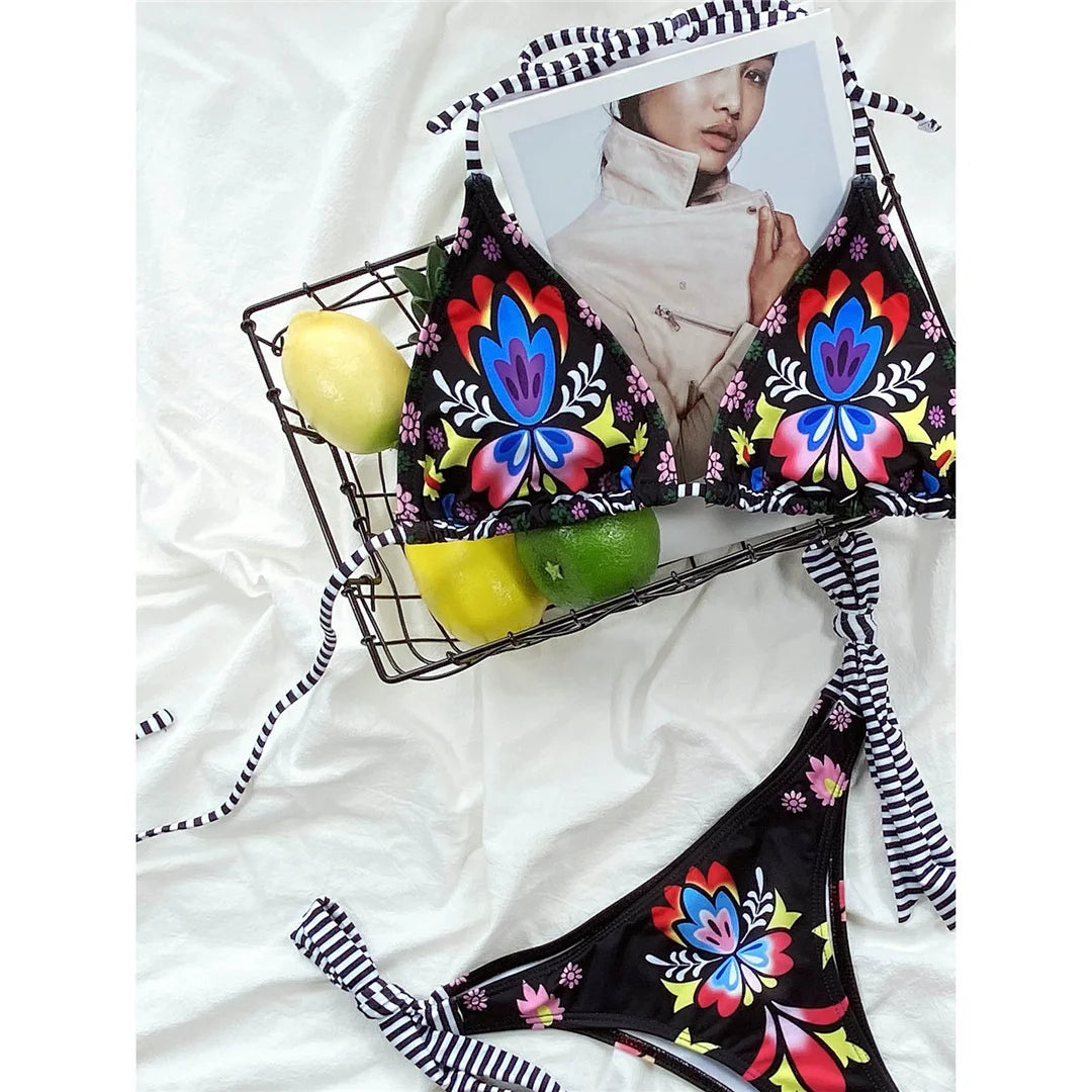 Brazilian Women Swimwear Flowers Printed Halter Bikini Female Swimsuit Two-Pieces Bikini Set Bather Bathing Suit Swim Lady V3394