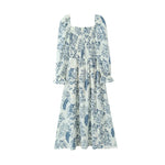 French Casual Style Square-neck Slim-fit Dress Feminine With Side Slit Three-quarter Sleeves Waist Cinching Printed Holiday THF3