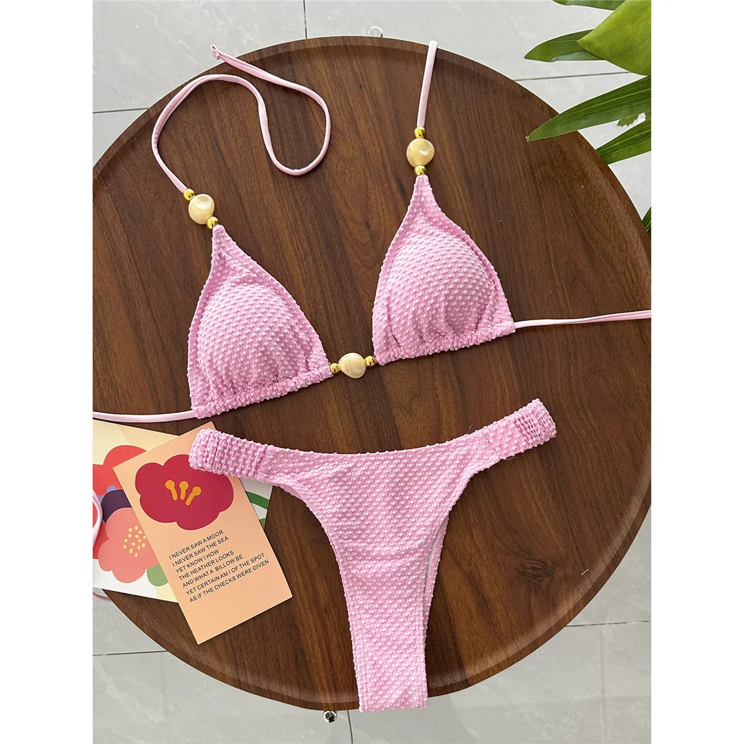Wrinkled Crinkled Halter Bikini Female Swimsuit Women Swimwear Two-pieces Bikini set Brazilian Bather Bathing Suit Swim V8134