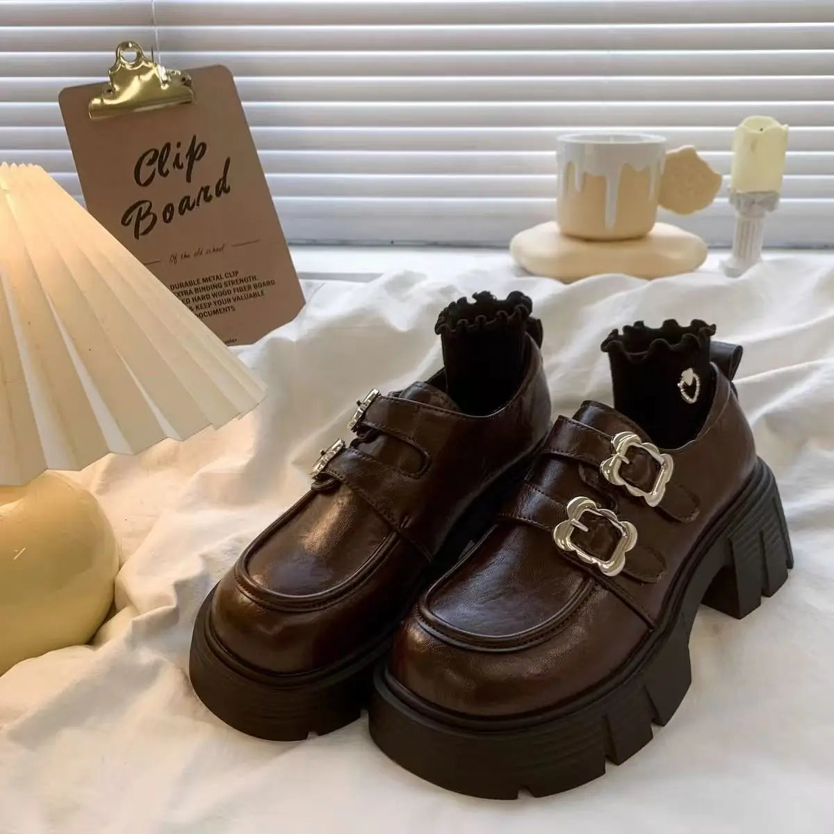 Women's Double Buckle Platform Mary Jane Shoes, Chunky Block Heel Height Increase Retro Preppy Casual School Shoes