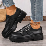 Fashion Double Buckle Platform Loafers Women British Style Thick Bottom Pu Leather Shoes Woman Comfort Round Toe Student Shoes