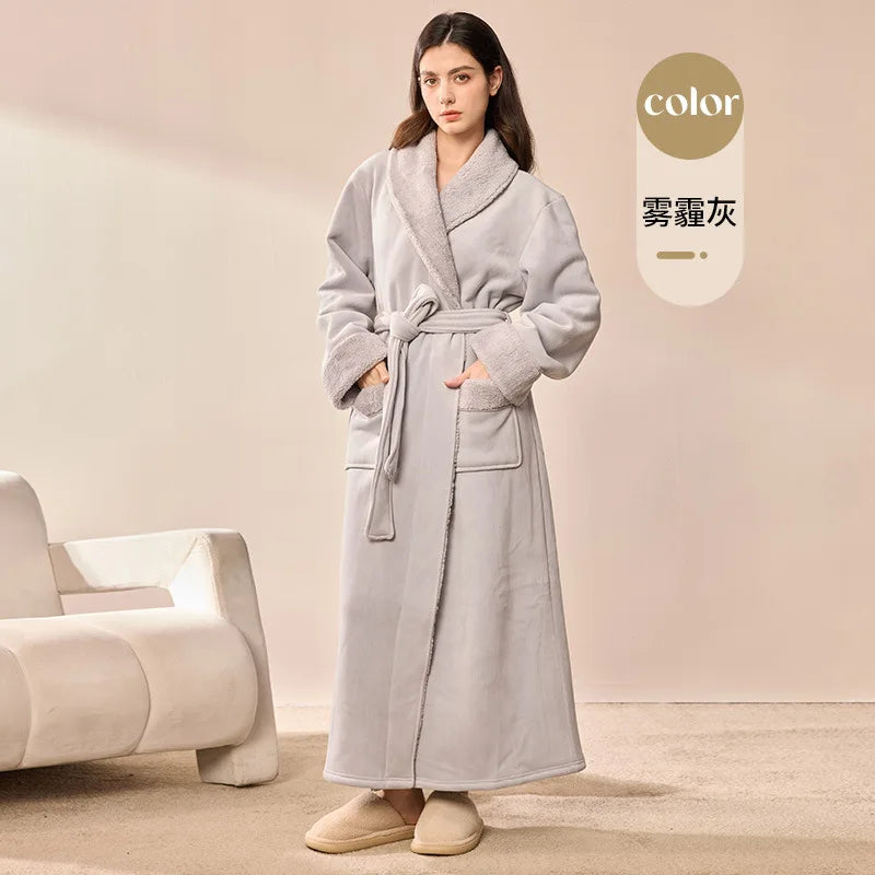 2026 Autumn Winter New Thick Coral Fleece Couple Bathrobe, Long Flannel Robe for Men Women Warm Home Pajamas Loungewear