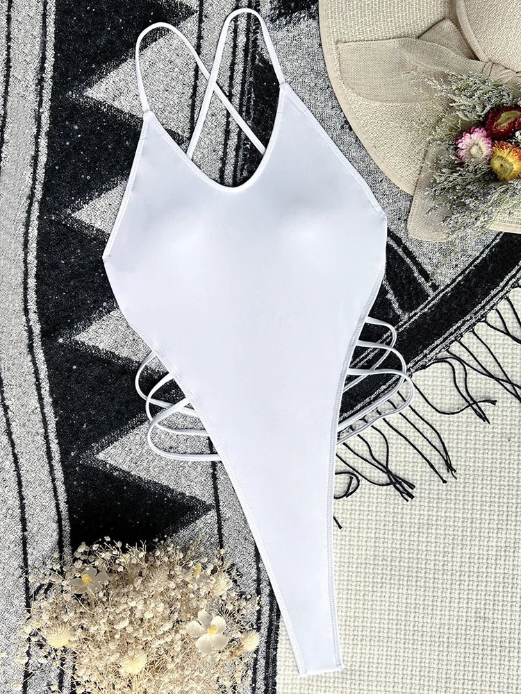 Sexy Extreme G String Thong Women Ribbed Swimwear One Piece Swimsuit Female Cross Backless Monokini High Cut Bathing Suit Swim
