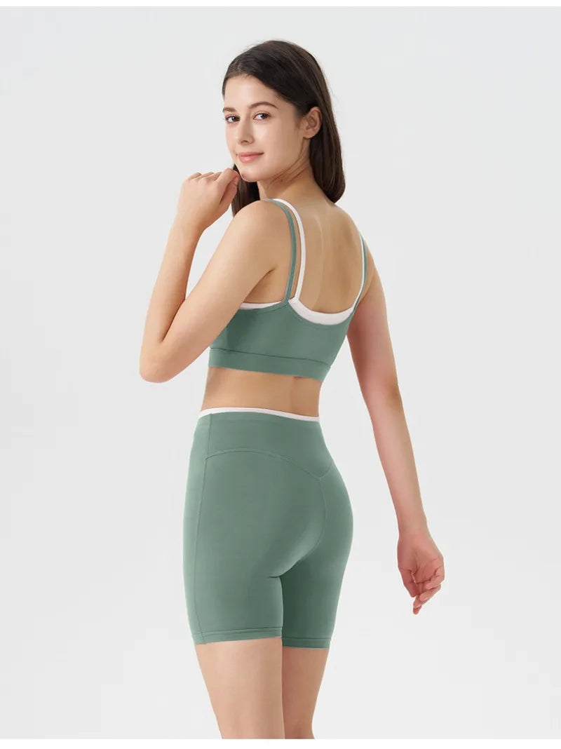 Women's 2-piece Yoga Set Fake Two-Piece Color-Block White Stripe Camisole Running Sports Bra Shorts Yoga Outfit Set