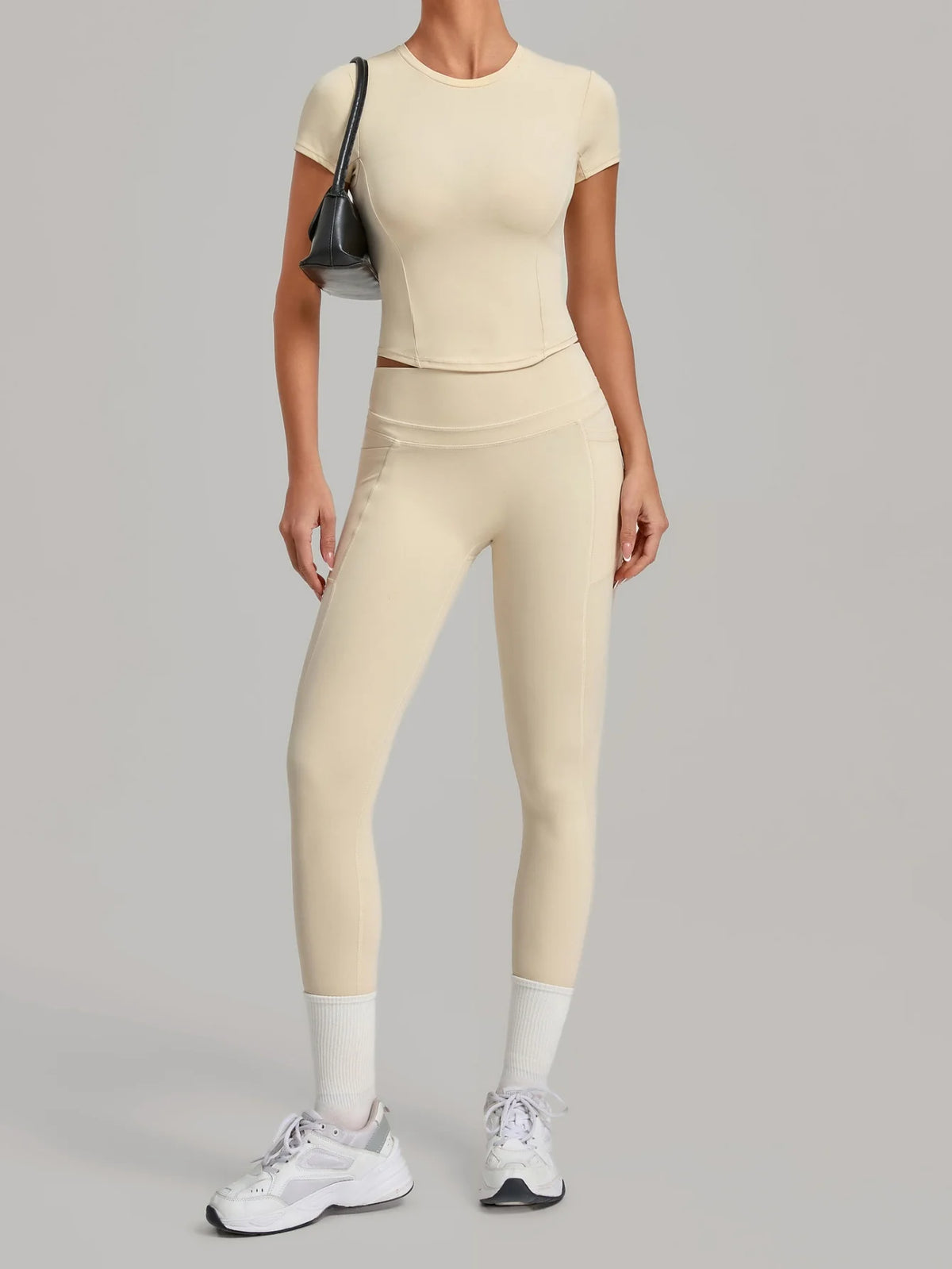 Women Tracksuit Yoga Sets Short Sleeve Slim Sports T Shirts Workout Clothes Outdoor Tight High Waist Pocket Pants Fitness Suits