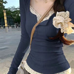 Women Streetwear Fake Two Pieces Long Sleeve T-shirt Floral Lace Trim Casual Slim Fit Tees Female Autumn Winter Bottoming Top