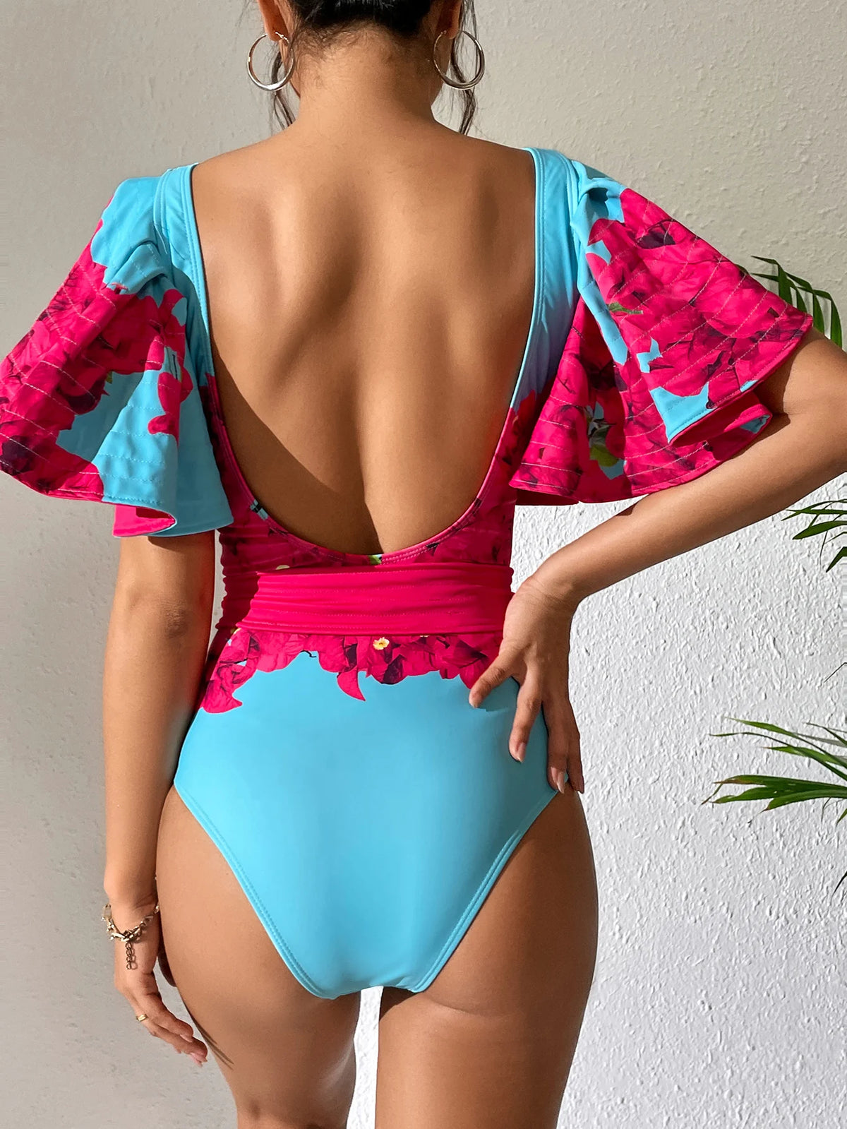 Sexy Ruffle Shoulder Swimsuit V-Neck Swimwear Women Backless Push Up Bathing SuitBeach Wear 2024 Female Swimming Suit