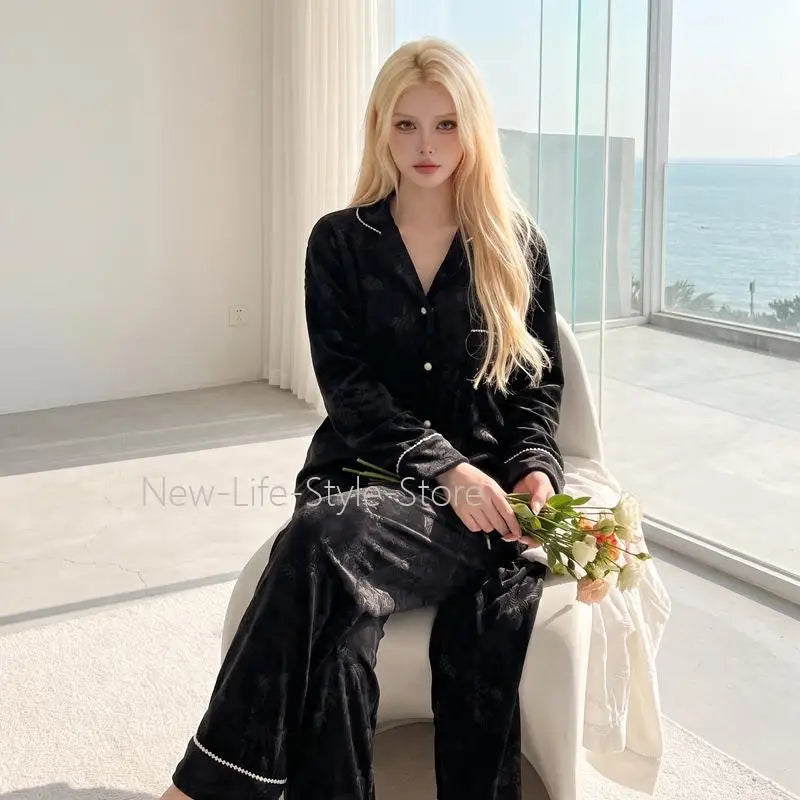 Autumn Winter Elegant Print Pearl Trim Set Luxury Wearable Outside Warm Homewear Sleepwear Women Island Velvet Pajamas